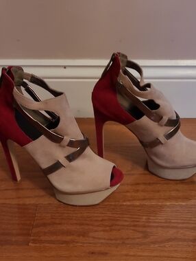 Calvin Klein Beige and Red Suede Platform Peep-Toe Heels